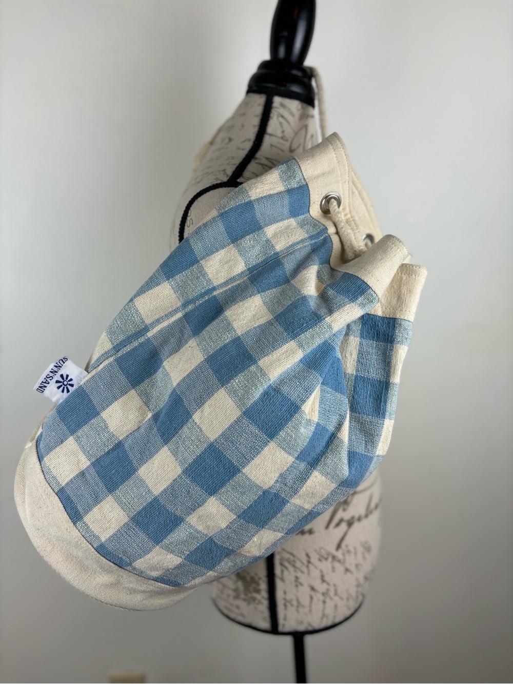 Sun N Sand Canvas Bucket Bag/Pale Blue & Cream Gingham Check-NWOT